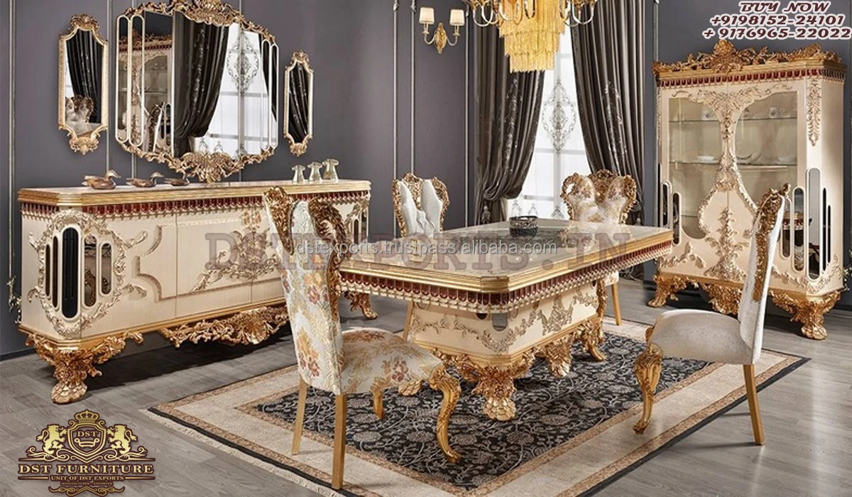 Классический Белое Золото Полированная столовая мебель из тикового дерева под старину 6 местный Обеденный Сервиз купить Maharaja стиль обеденный стол стулья