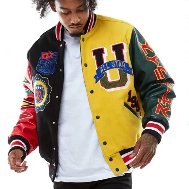 varsity jacket men wholesale winter baseball jackets varsity wool jacket with natural cow hide leather sleeve