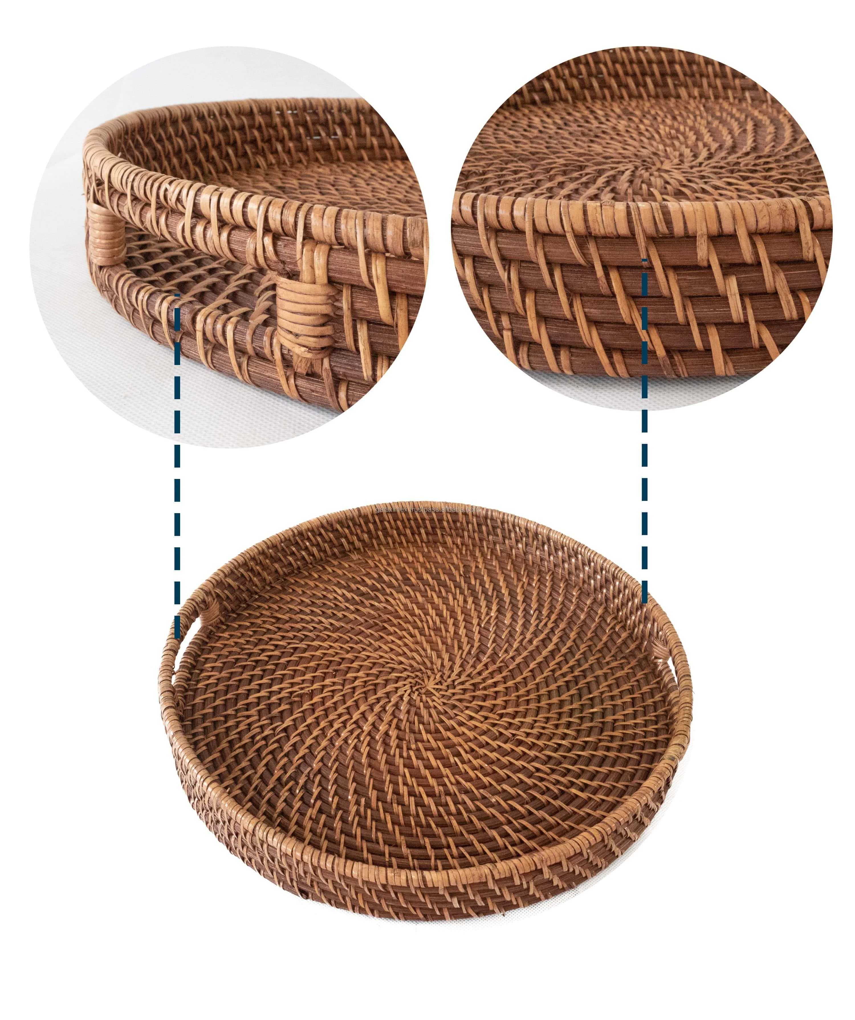 Hot Selling Round Brown Natural Rattan Serving Trays with handles for Food Storage Fruit Storage in the kitchen organization