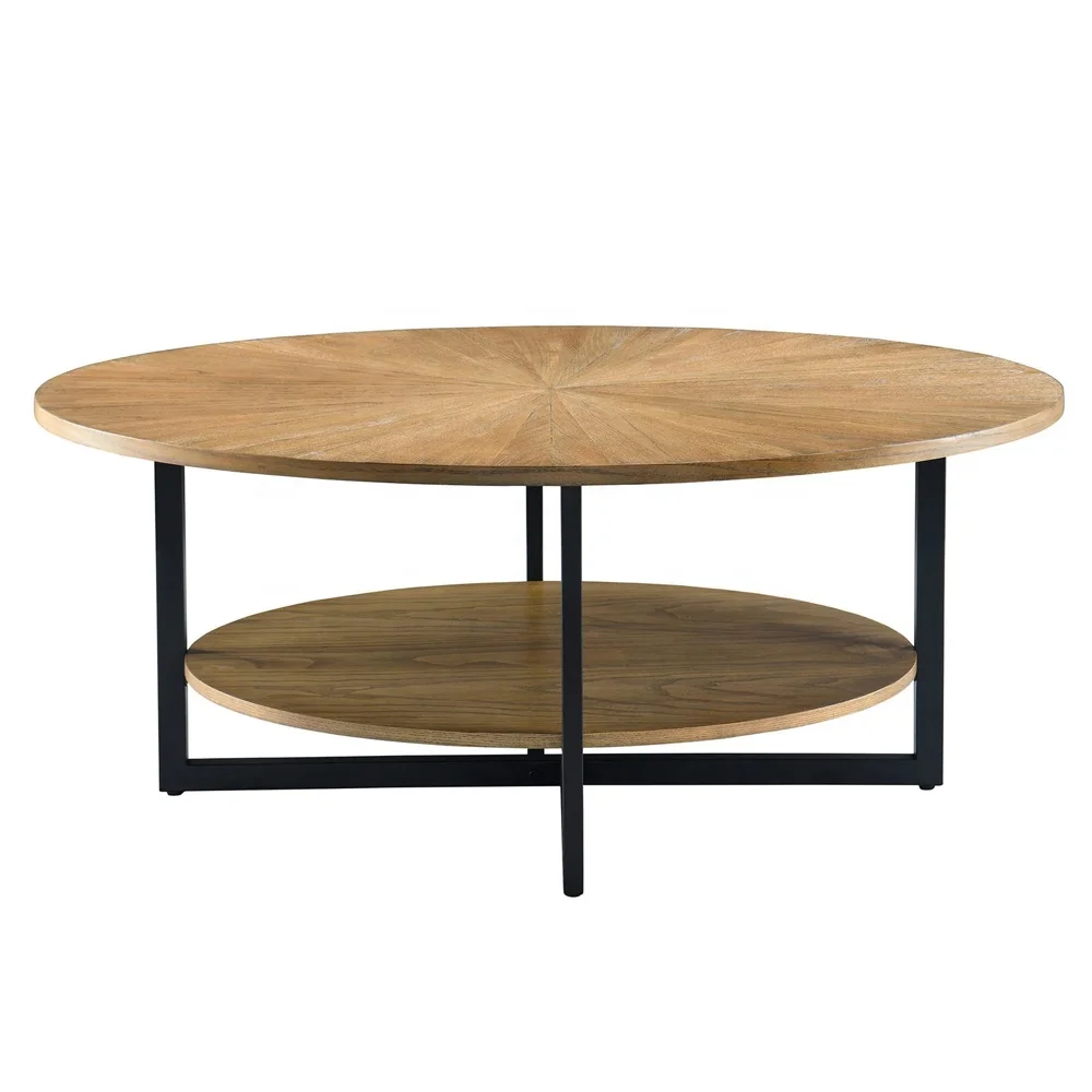 Modern Coffee Table Oval Solid Teak Wood With Natural Finish and Black Leg
