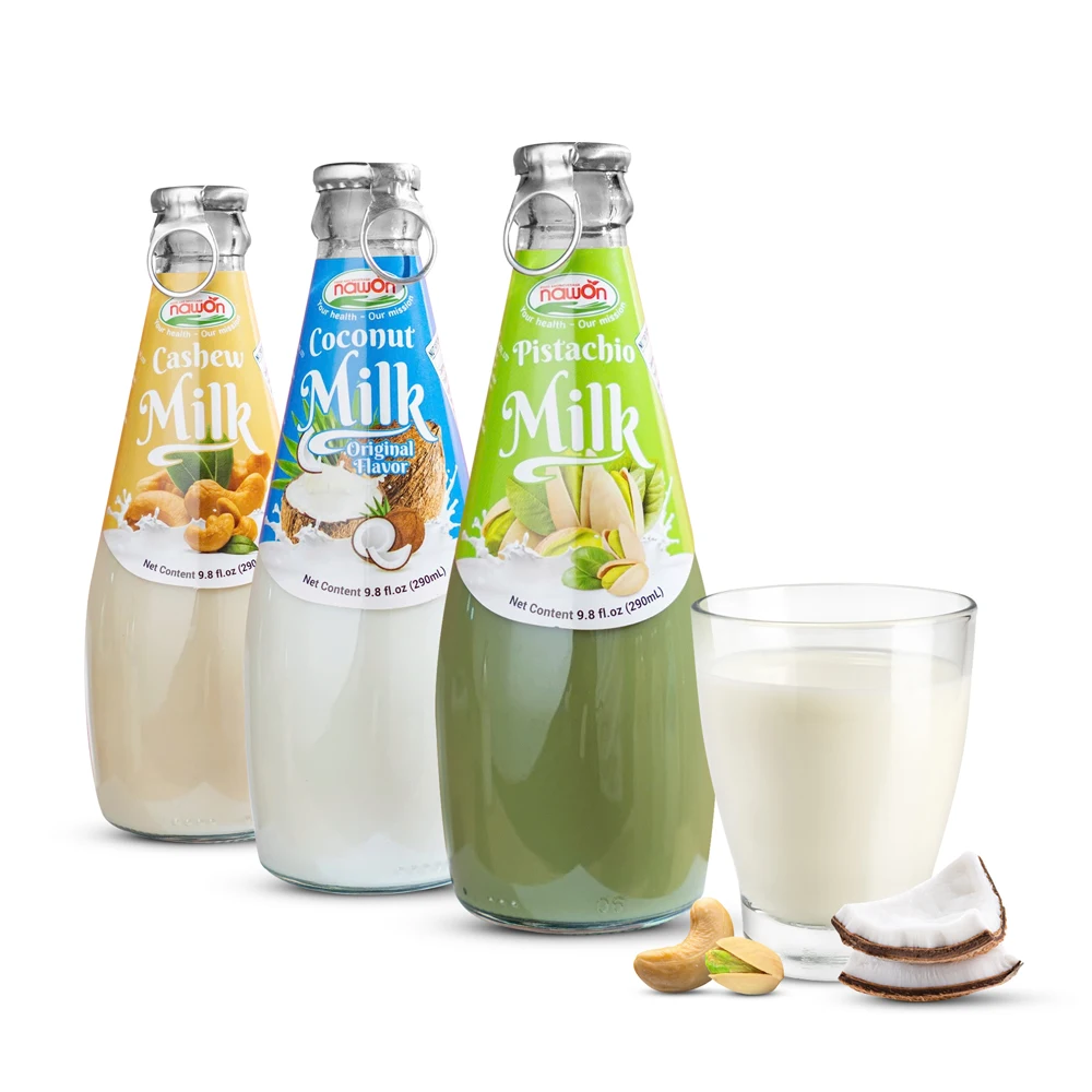 Nawon 290ML Glass Bottle Nut Milk Beverage Almond Cashew Pistachio Milk Drink Wholesale Supplier OEM Private Label Free Samples