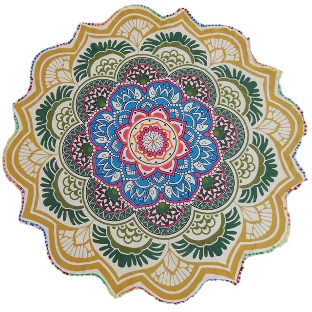 Printed 100% Cotton Multicolored Beach Round Mandala Tapestry Wall Hanging Ethnic Beach Blanket Colorful Pom-Pom