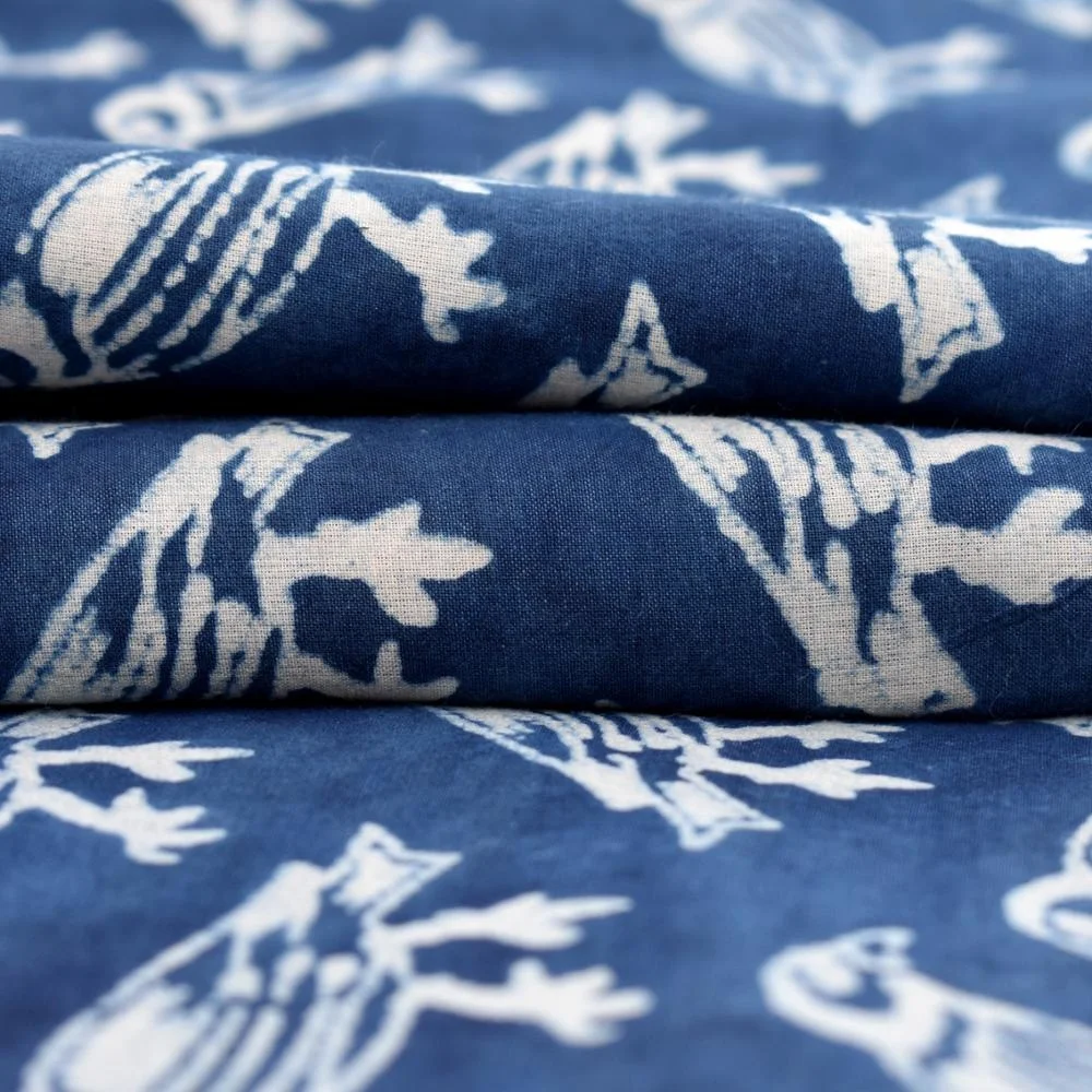 Hot Selling Bird Hand Block Print Cotton Clothing Fusible Indian Durable Dark Blue Night Dress Sewing Fabric Wholesale