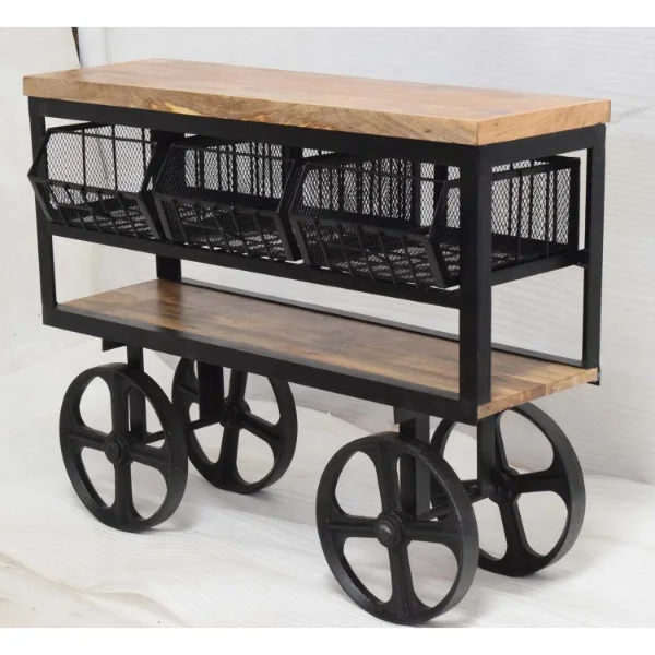 Iron Mesh 3 Bin Shelf 4 Cast Iron Wheels Industrial Retro Style Retail Store Display Storage Trolley