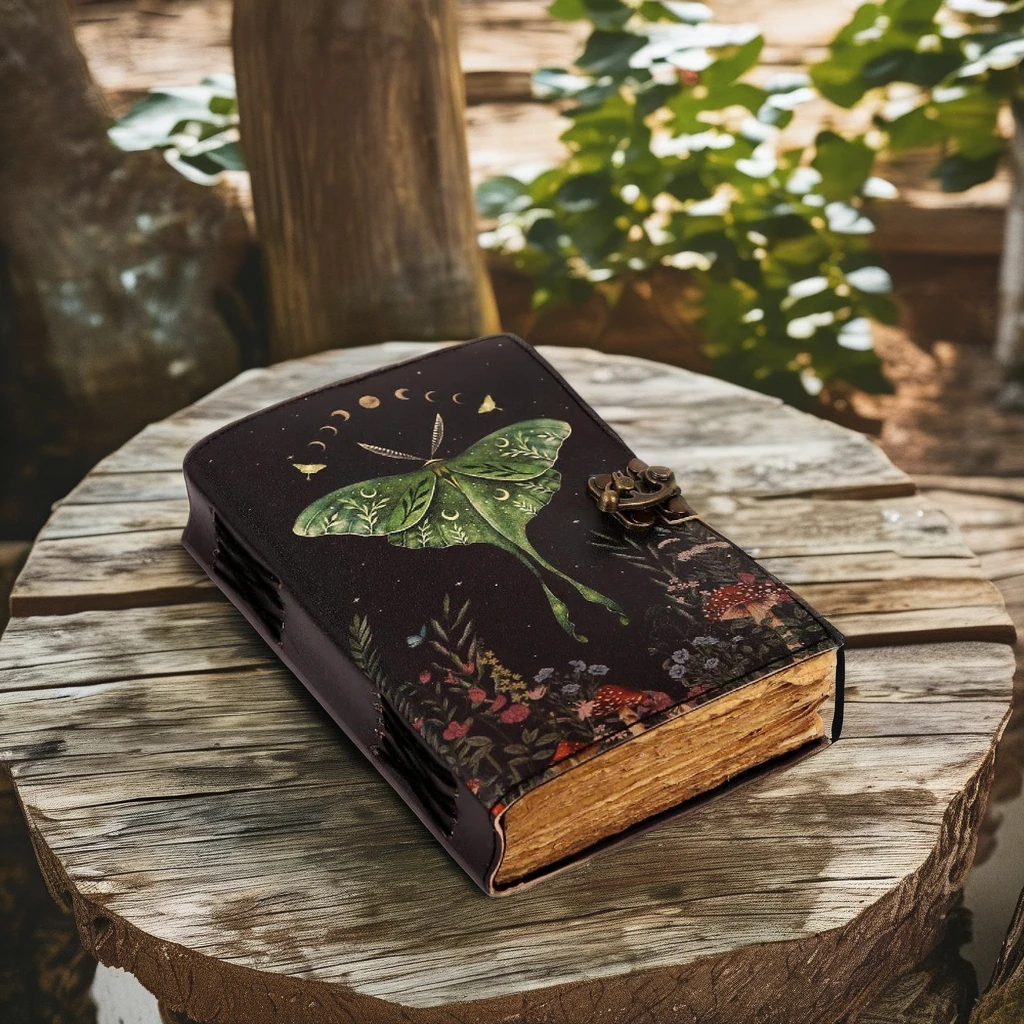 Blank Spell Book of Shadows Journal with Lock Clasp Vintage Handmade Leather Luna Moths and Morpho Butterfly Print 8x6 Inches