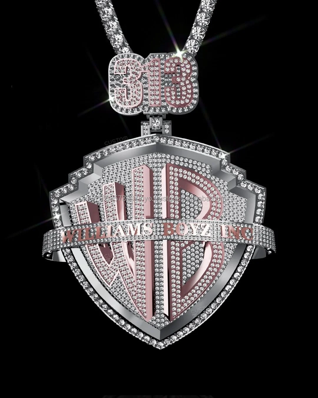 Custom designer Logo Pendant in 925 silver with VVS moissanite diamonds custom size and shape trending Hip hop Pendant chain