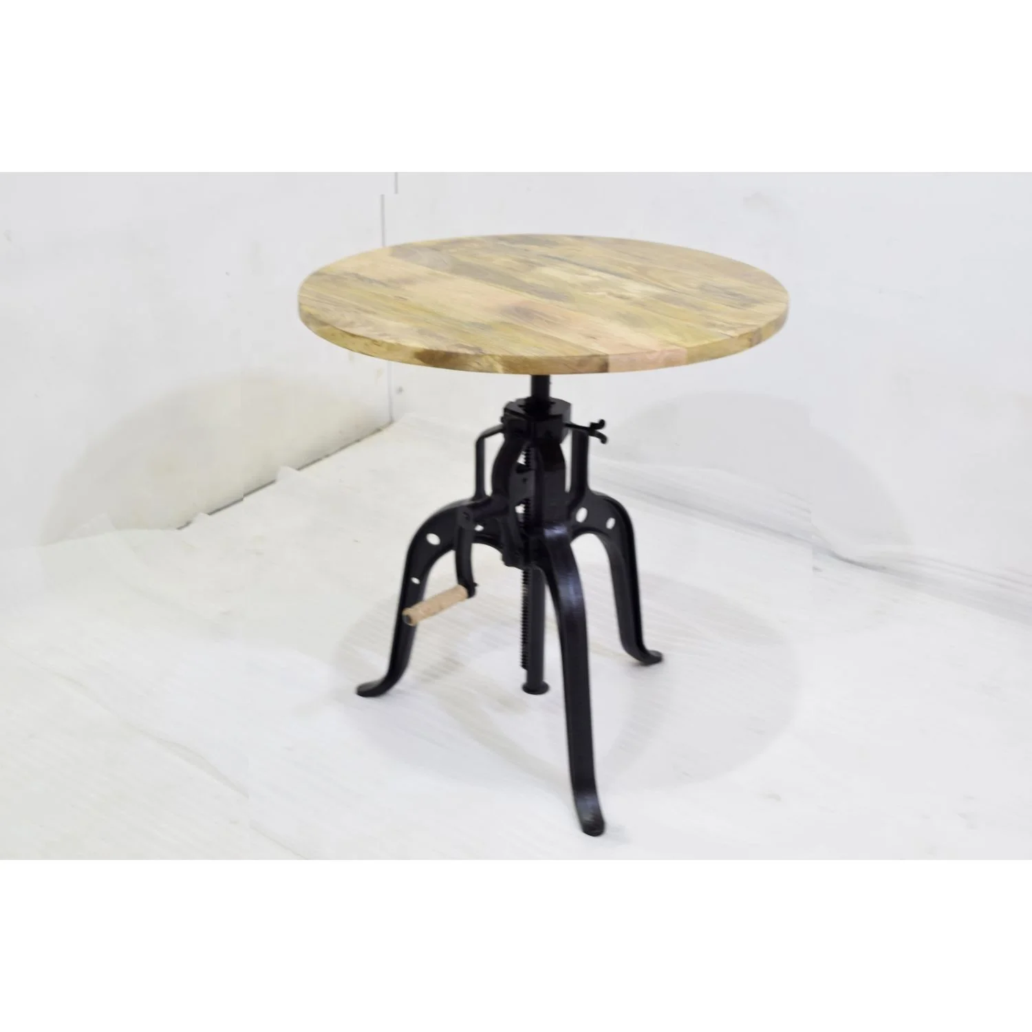 Cast Iron Hand Adjustable Crank Mechanism  Dining  Round Mango Wood Top Cafe Restaurant Table