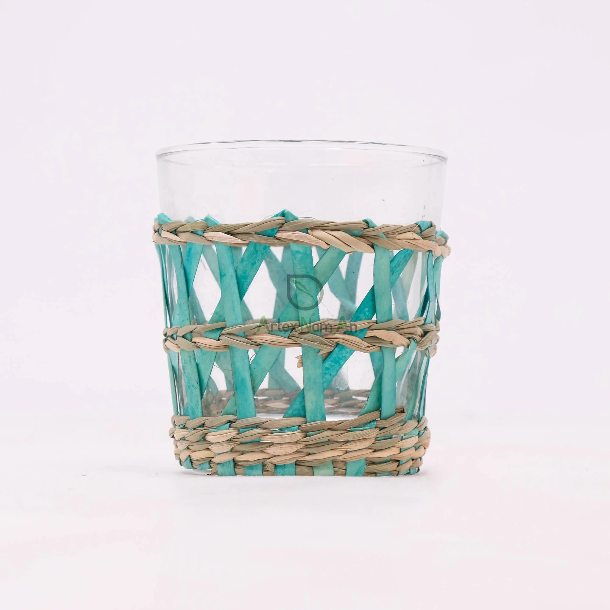 Modern Eco-Friendly Glass and Seagrass Candle Holder Handmade round Lantern with Metal Cup for Home Decoration