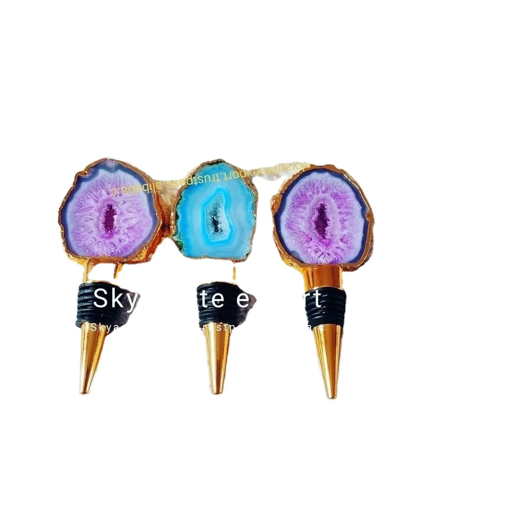 WHOLESALE NATURAL CRYSTAL AGATE SLICE  BOTTLE STOPPER : GEMSTONE AGATE SLICE  WINE BOTTLE STOPPER BUY FROM SKY AGATE EXPORT