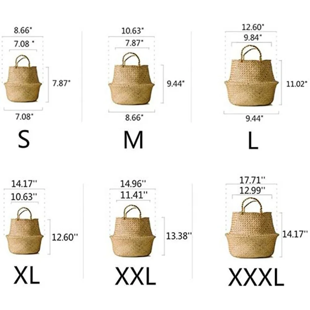 Natural Round Woven Seagrass Belly Basket for Storage, Laundry, Picnic, Plant Pot Cover