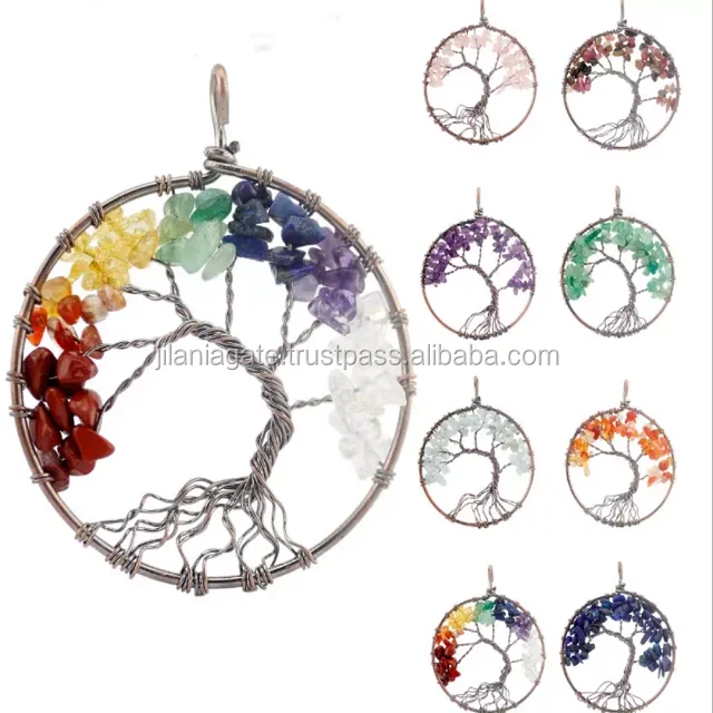 Unisex Seven Chakra Tree of Life Pendant Necklace Handmade Crystal Gemstones Fashion Pendants & Charms Gift