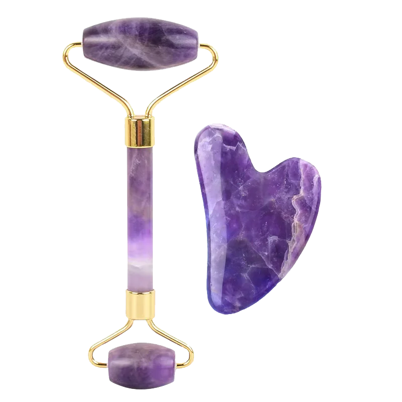 Rose Quartz Jade Roller Gua Sha Set Green Pink White Purple Black Blue Jade Heart Gua Sha Stone Roller Crystal Guasha Face Tool
