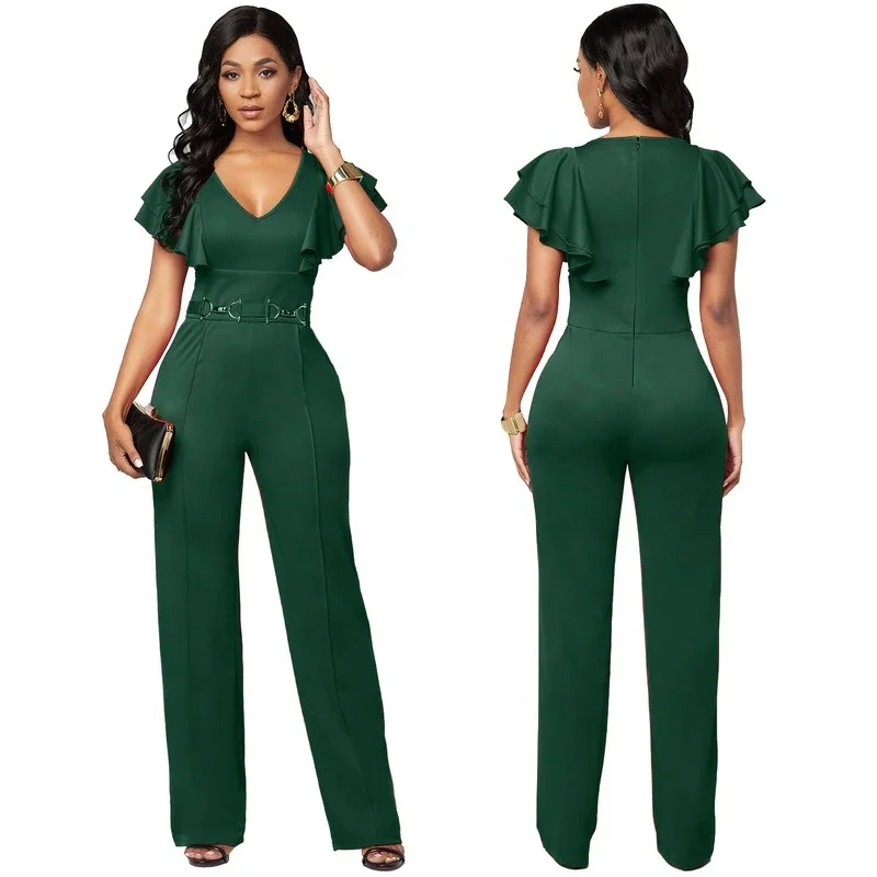 Wholesale sexy fashion lapel long sleeve 1 one piece jumpsuit rompers solid color belt pleated women jumpsuits deep v neck