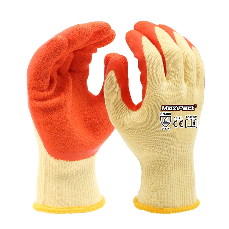 MaxiPact Breathable 10G 5 threads yellow Polyester liner with crinkle latex coated Safety Palm Gloves