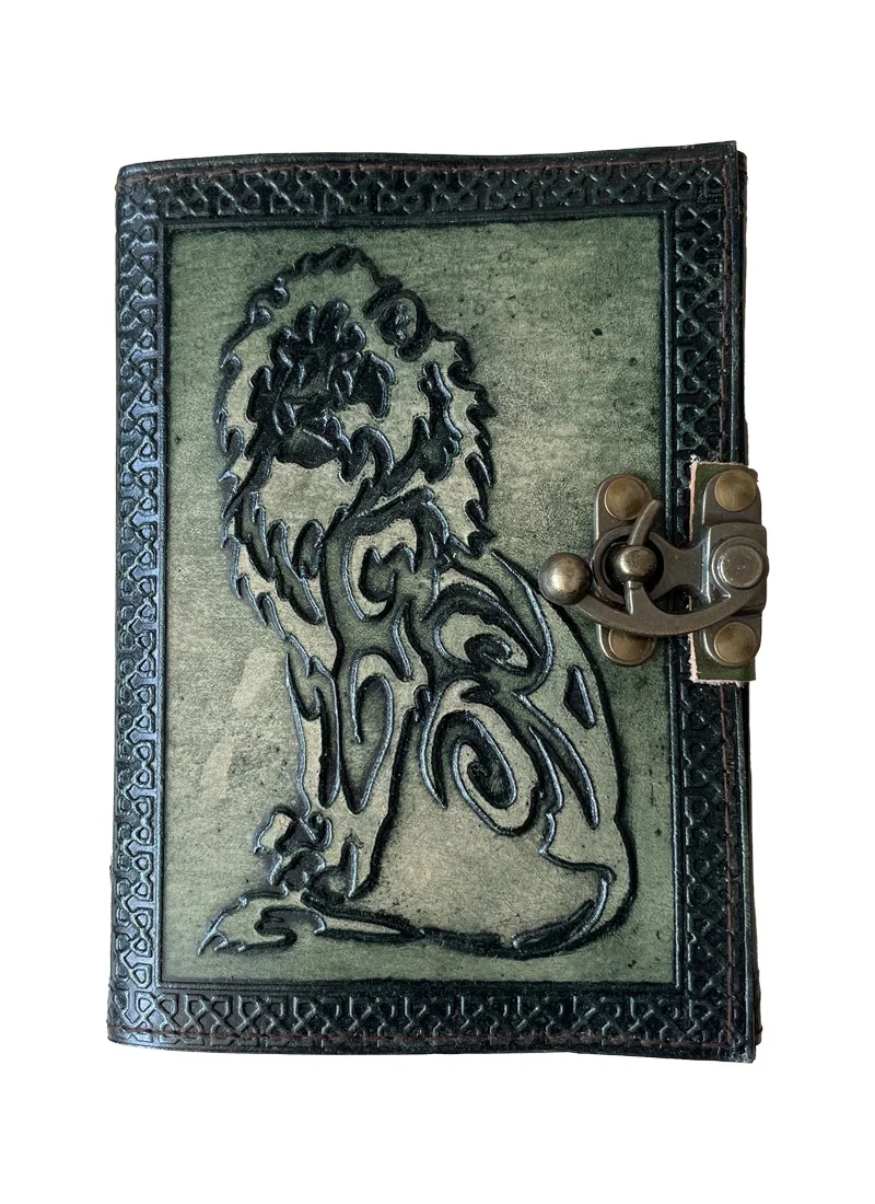 Vintage Leather Journal 200 Sketchbook Book of Charmed Spell Antique Handmade Deckle Edge Paper Lion Charcoal Green Embossed