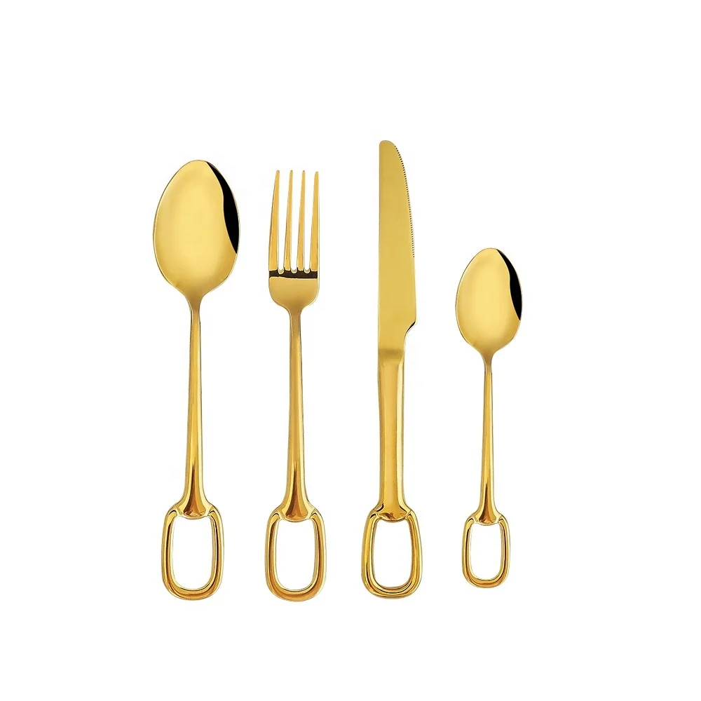 Gold Plated Mirror Polished Cutlery With Square Buckle Hook Handle Of knife Fork And Spoon Set For Gift Wedding Party