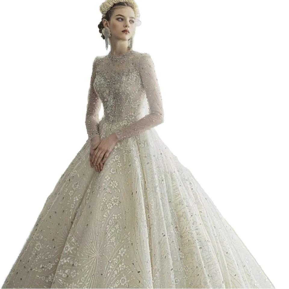 OEM Manufacture High Quality Custom Designed Ball Gown Handmade Wedding Dress with Floral Lace and Stone Accents for Parties