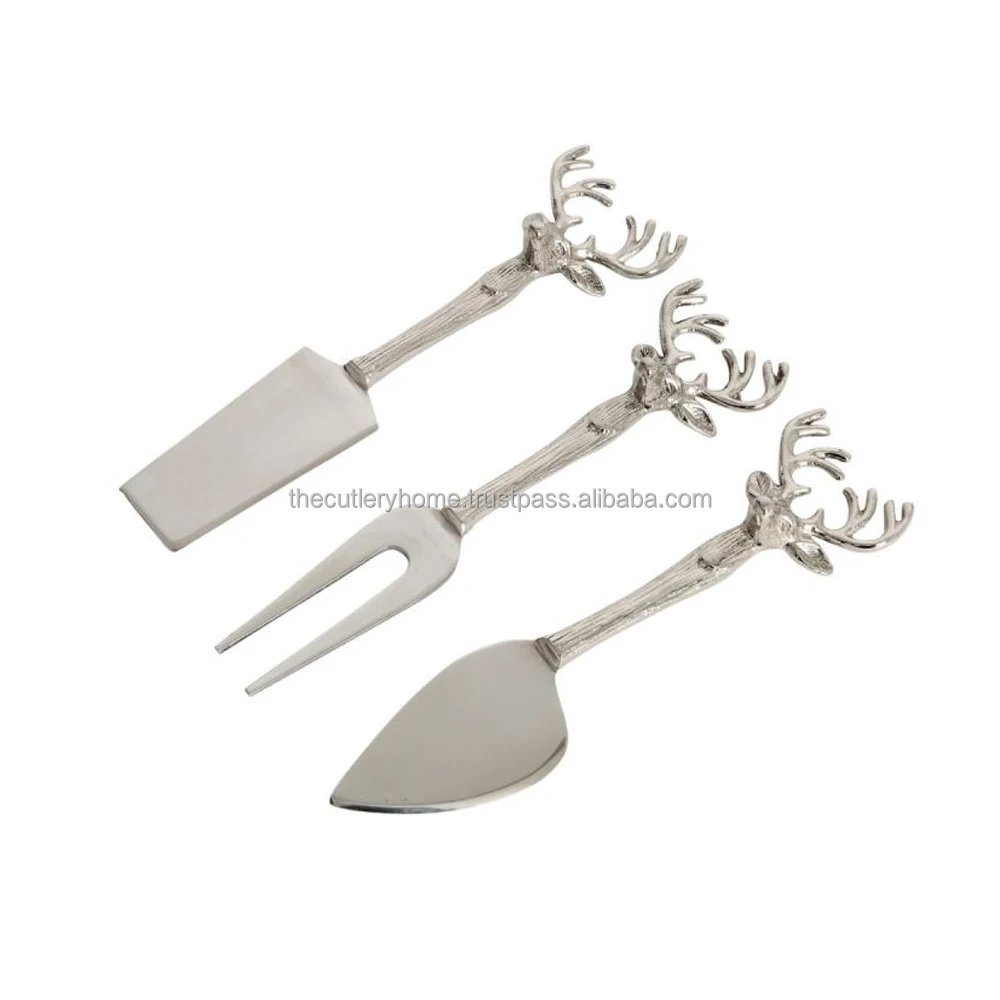 Stainless Steel Cheese Set with Rustic Handmade Brass Nickel Platted Handle Decorative Brass Cheese Set