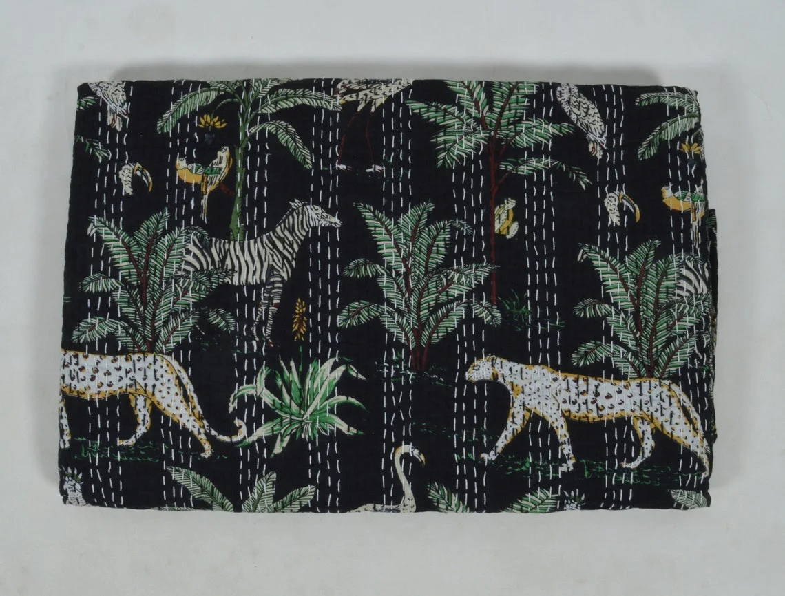 Kantha Quilt Indian Handmade Cotton Kantha Quilt Throw Living Reversible Kantha Bedspread Hand Block Tiger Print Throw Blankets