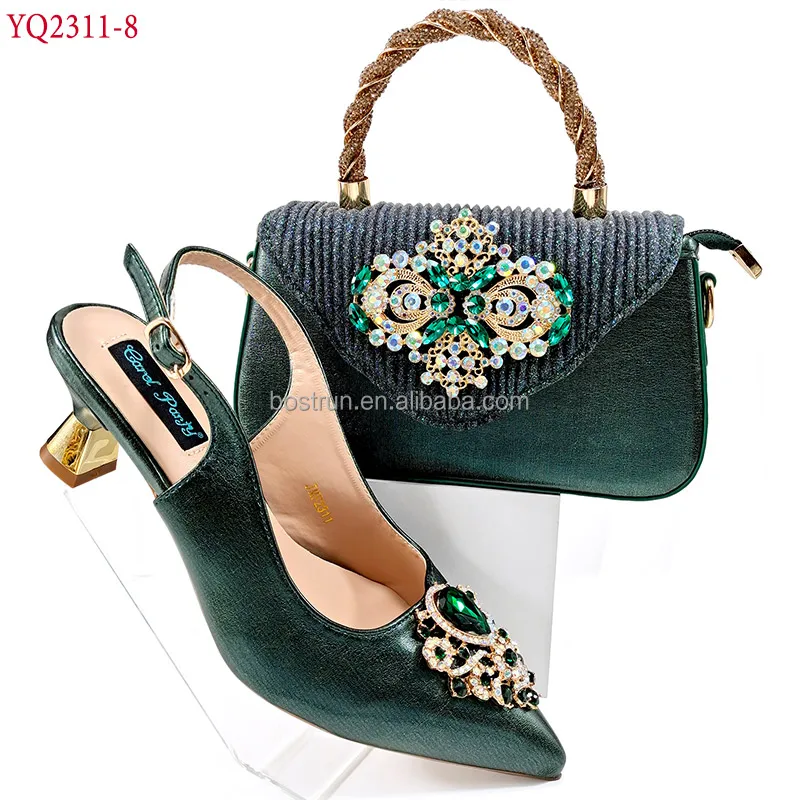 YQ2311 New Silver Color Fashion Italian Shoes With Matching Clutch Bag Hot African Big Wedding With High Heel  and Bag Set Party