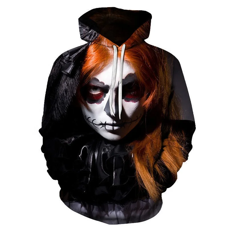 Крутой пуловер большого размера, новинка, толстовка, Свободный Повседневный свитер с капюшоном, новинка на Хэллоуин, 3d перекрестная картина злого клоуна с подкладкой