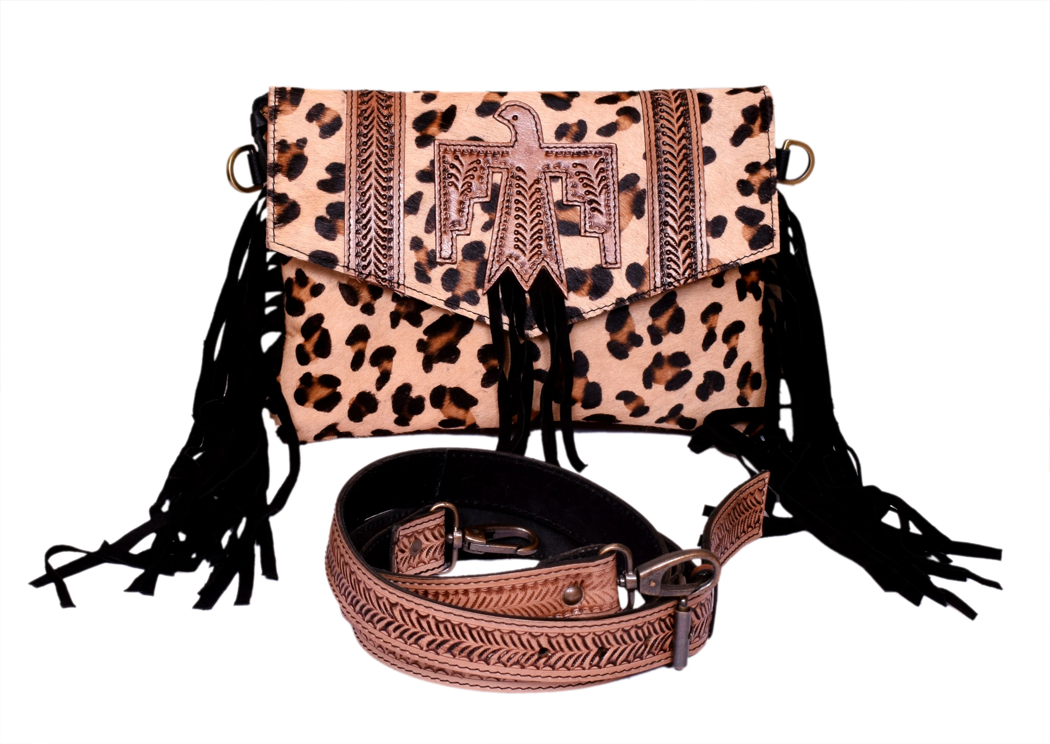 Flying Eagle Leopard Print Embossed Leather Handmade Hairon Fur Leather Crossbody Bag with Hand Tooled Matching Shoulder Strap