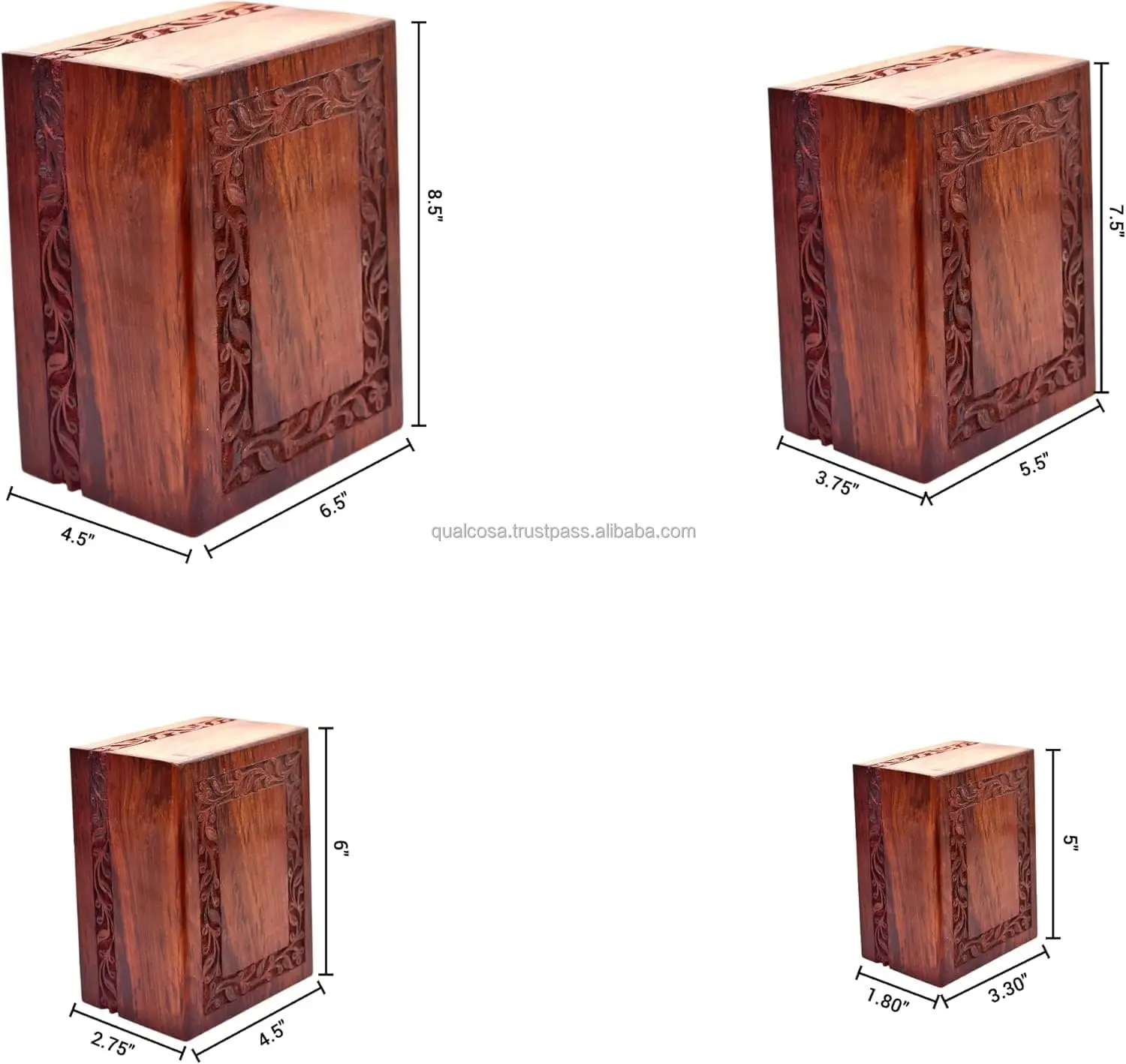 Set of 3 Border Engraved Rosewood Cremation Urns for Human Ashes & Pets Nested Packing Fits Funeral Cremation And Pet Cremations