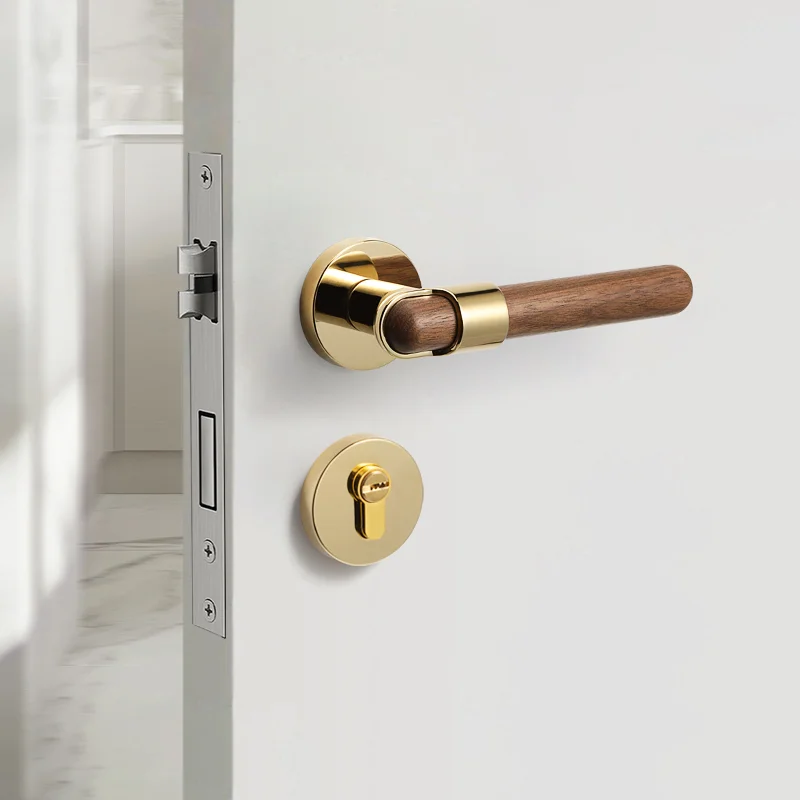 Золотая современная и простая внутренняя дверная ручка из орехового дерева с бесшумным сплит-замком цинкового сплава для спальни