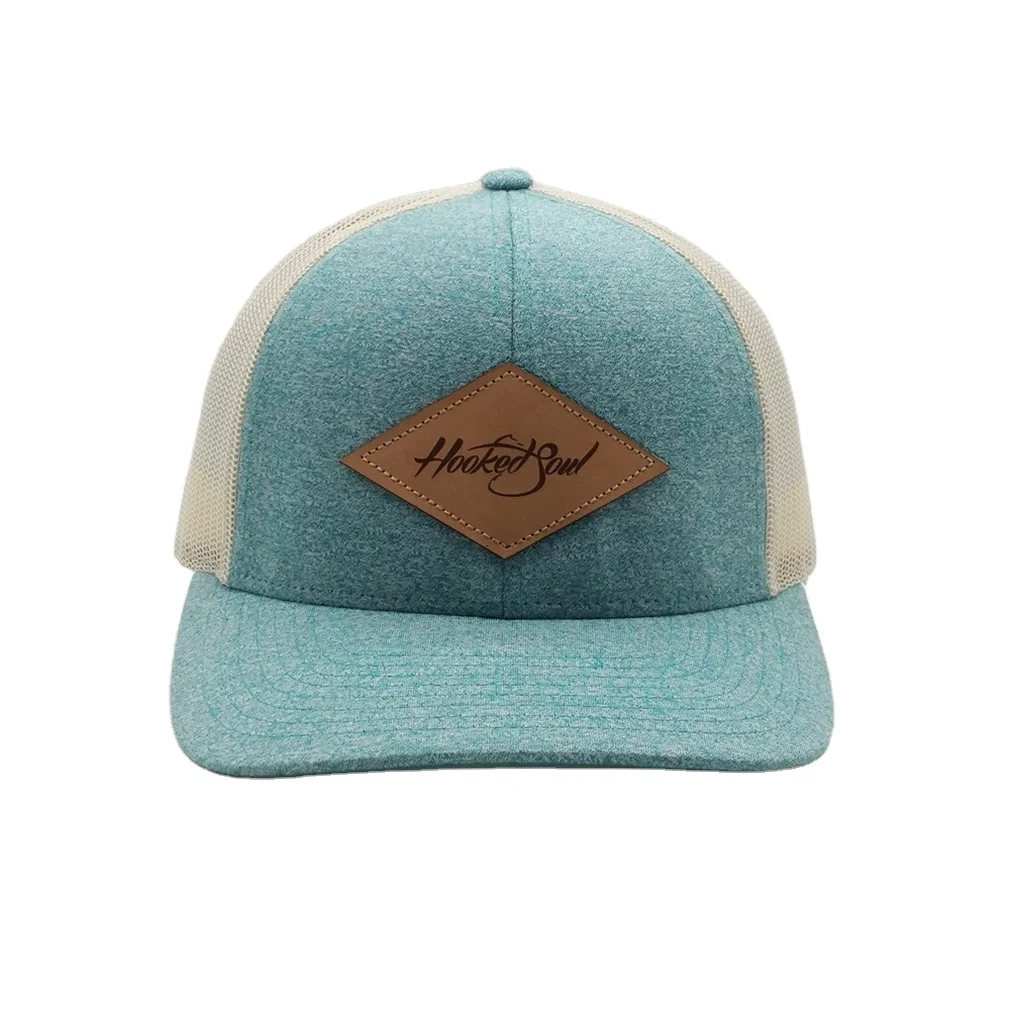 High Quality 6 Panel Low Profile Pre Curved Soft Fabric Mesh Snap Back Cap Trucker Hat With Leather Patch