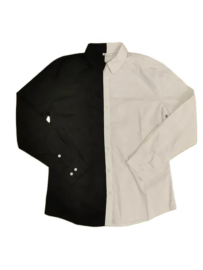 Streetwear Wholesale Long Sleeve Fitness Split Two Tone Color Block Custom Logo Cotton Half Black Half White Shirt for Men