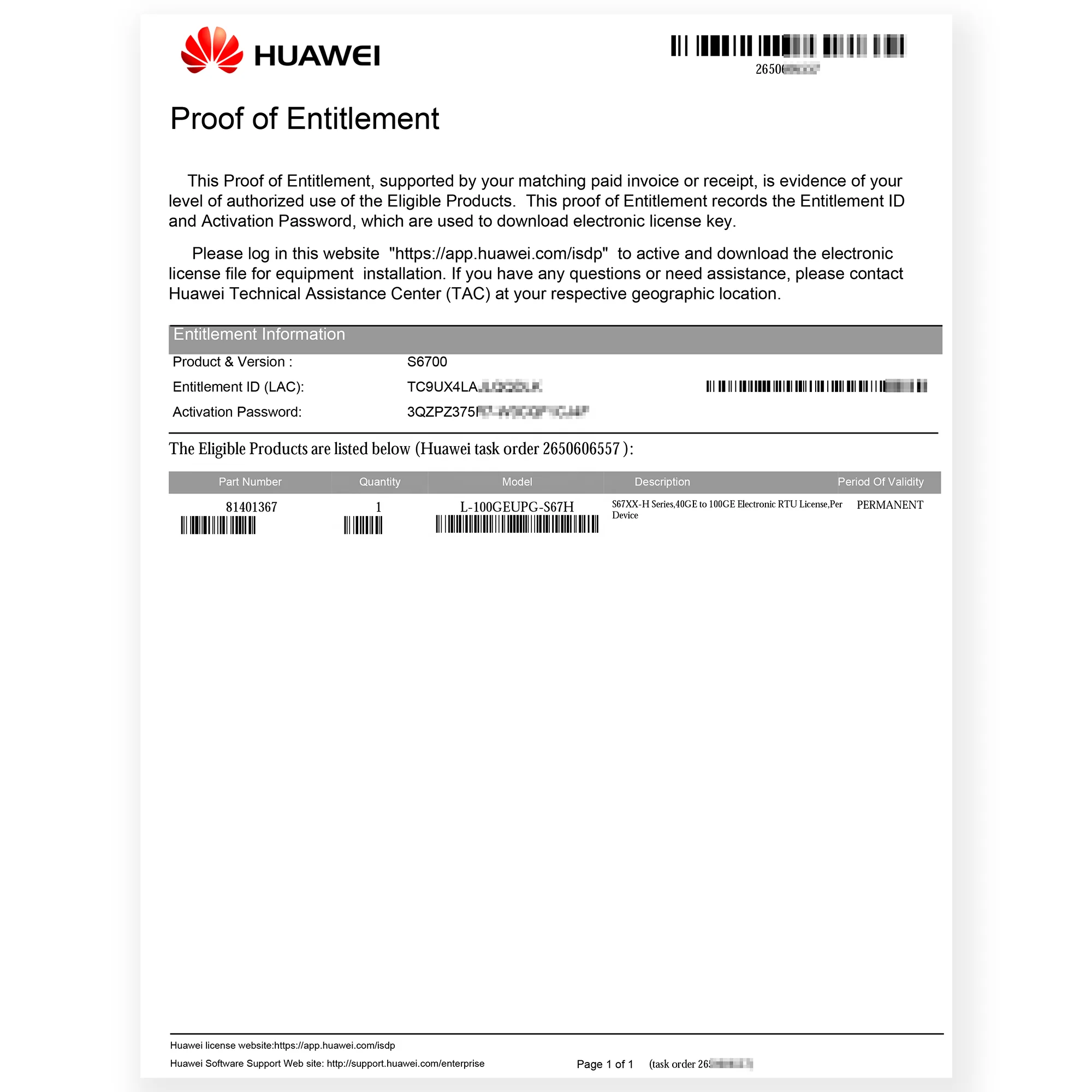 S6730-H серии 40GE обновление до 100GE RTU лицензии L-100GEUPG-S67H для горячего сбывания