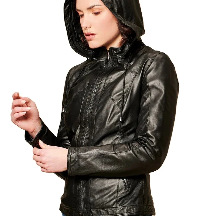 Ladies Black Genuine Leather Jacket with Hood