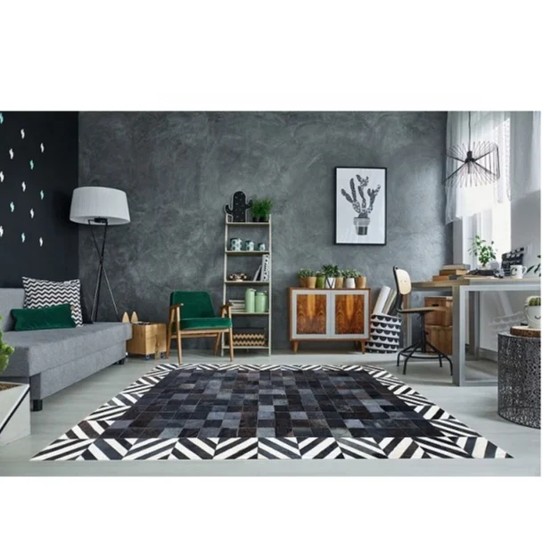 Modern Design Black and White Pure Genuine Cow Leather Hair on Handmade Patchwork Leather cowhide Area rug