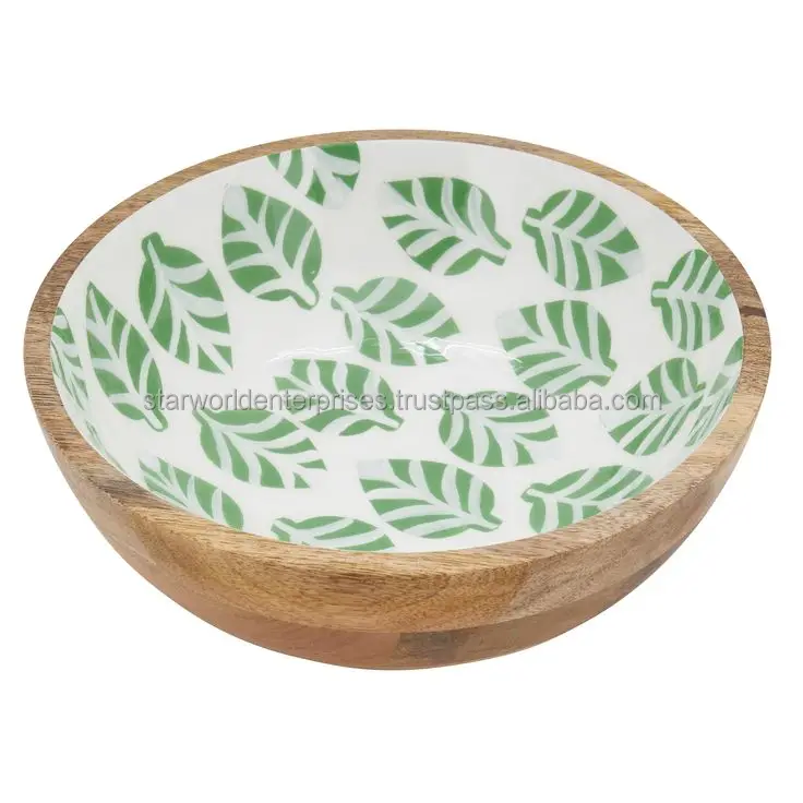 Mango  wood Acacia  hard wood Enamel Coated Wooden Serving Bowl with Spoon set for Kitchenware from Indian Supplier