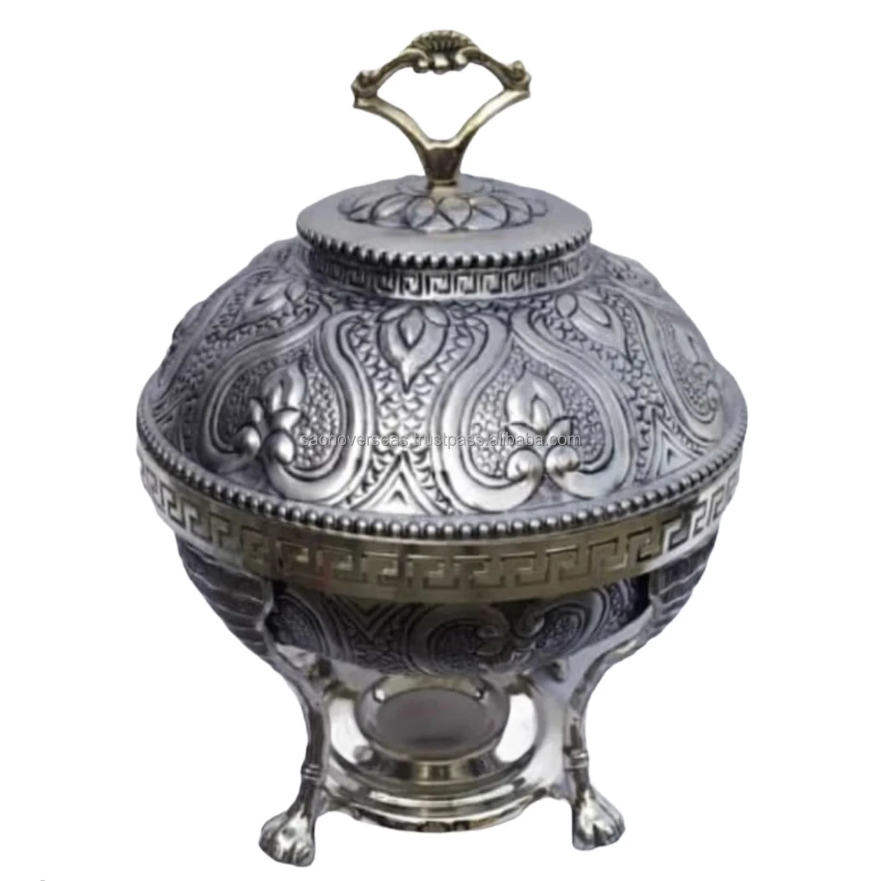 Traditional Spherical Shaped Floral Carving Design Metal Chafing Dish with Brass Designer Handle For Buffet Hot Food Warmer