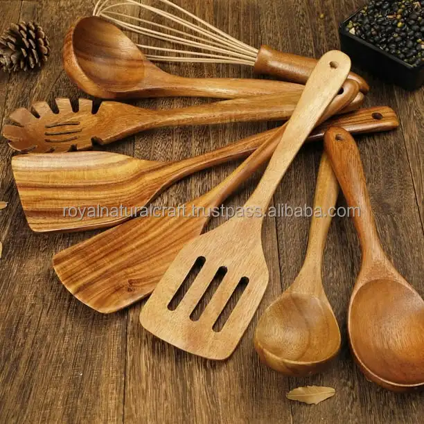 Natural Handmade Cooking Spoon Set, Kitchen Utensils, Frying Spoon Ladles & Turning Spatula Nonstick Spoon Set For Cooking