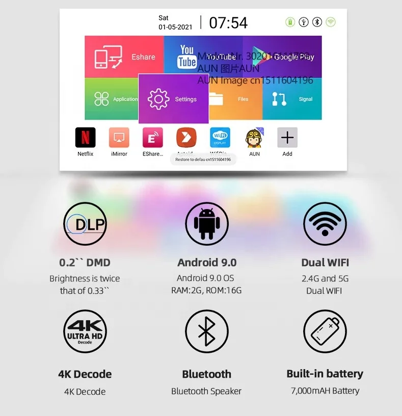 Мини-проектор AUN на Android 9 проектор Ubeamer 1 Pro 4K видеопроектор декодирует домашний кинотеатр лучевой для домашнего телефона 7000 мАч