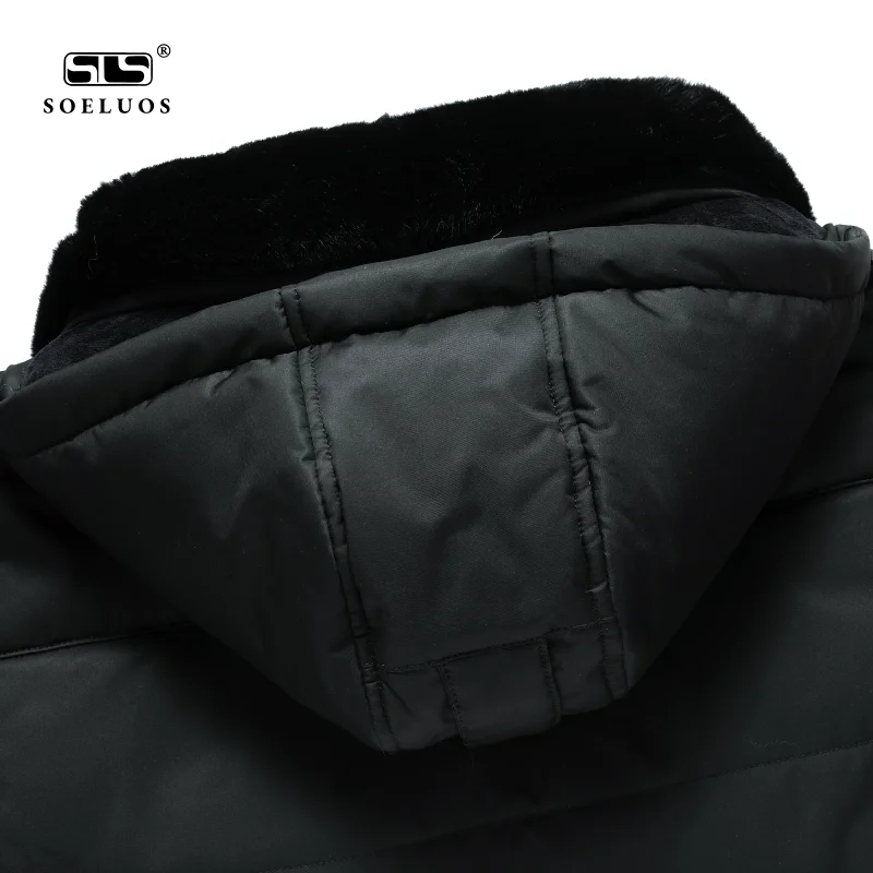 SOELUOS New Winter Fur Collar Hooded Long Quilted Cotton Jackets Business Casual Coats Overcoat For Men