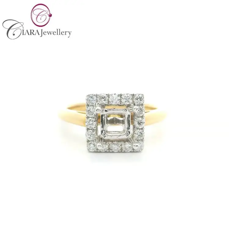 CLASSIC 18K AU750 YELLOW AND WHITE GOLD TWO TONE NATURAL DIAMOND HALO PLAIN GOLD SHOULDER 5x5MM PRINCESS SHAPE RING MOUNT