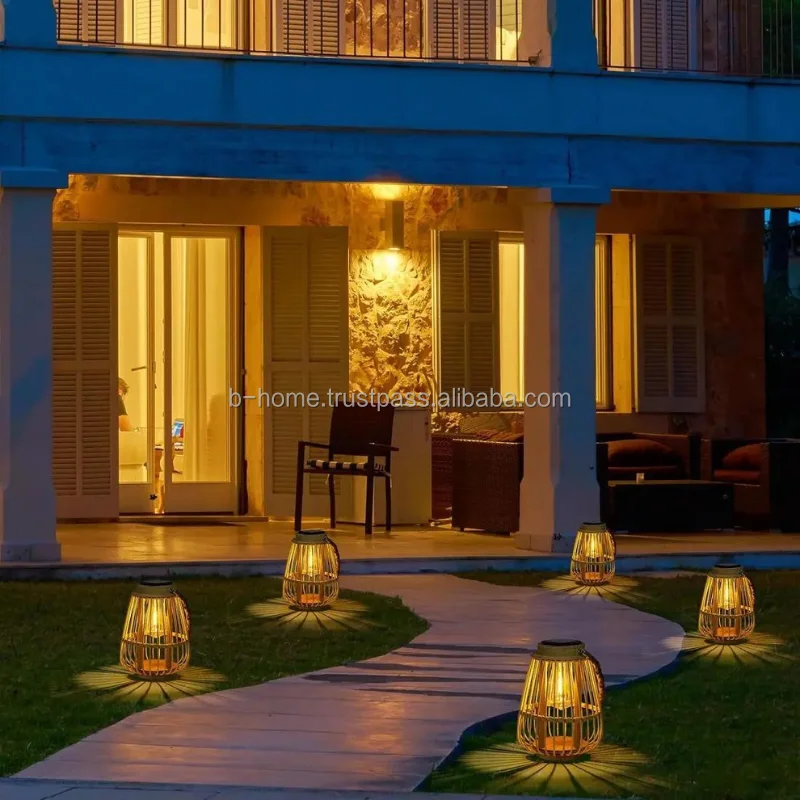 Outdoor Hanging Solar Lantern Waterproof Wicker Bamboo Rattan Lamp with RGB Chandelier round Neck Bamboo Fan Handicraft