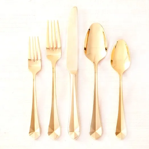 Matte Gold Embossed Diamond Cut Design Handle Handmade Cutlery Tableware Set Royal Dining