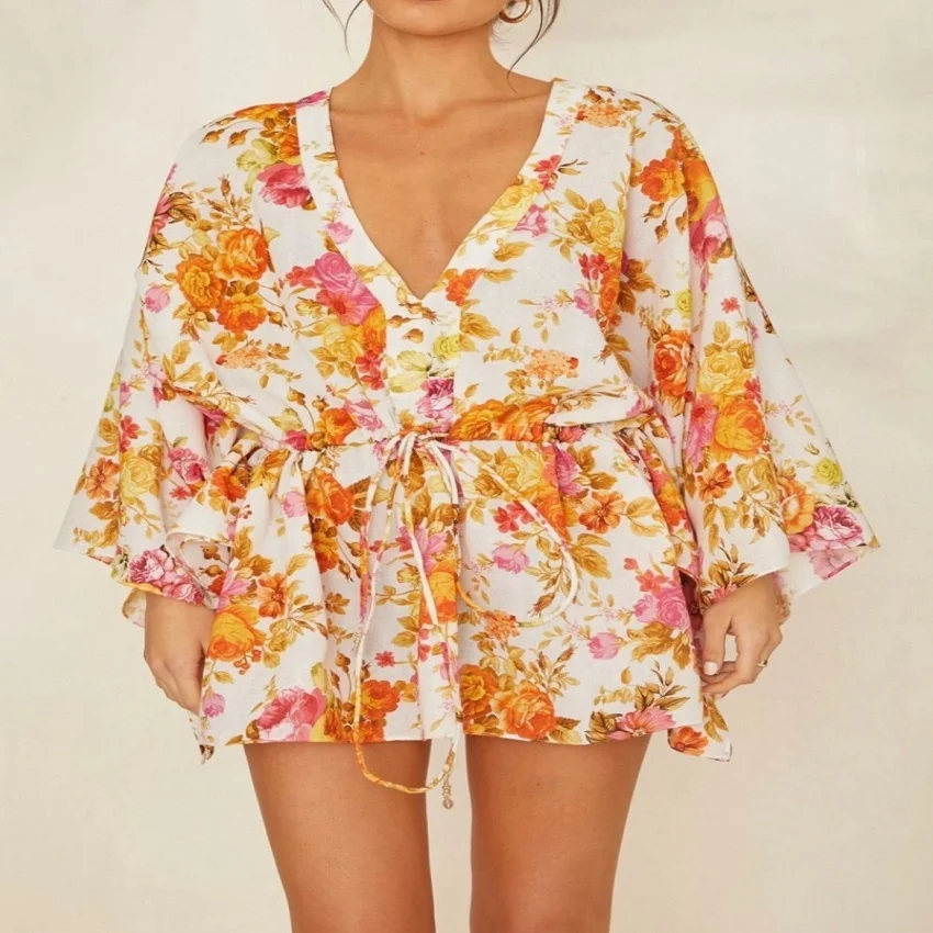 vintage summer Block Printed short kaftan With waist Tie String casual woman holiday beach party wear short kaftan