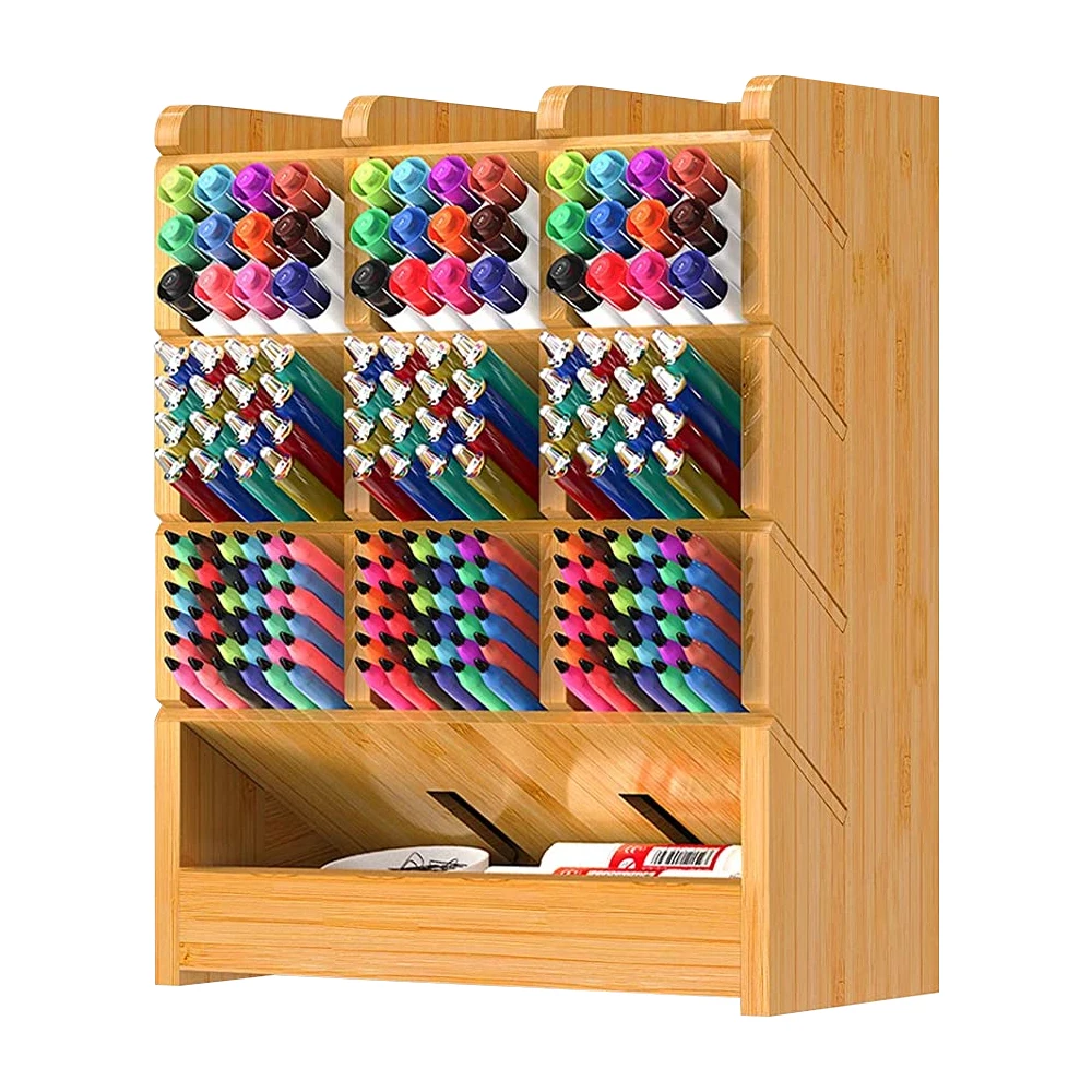 Desk Organizer With 13 Drawers Wooden Pen Holder for Pencil Marker Bamboo Desktop Stationary Organizer for Home Office