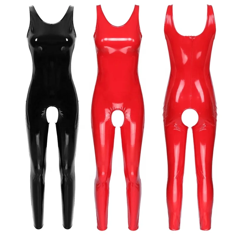 Womens One-Piece Wet Look Patent Leather Sleeveless Crotchless Catsuit Leotard Romper Jumpsuit Clubwear For Romantic Night Club