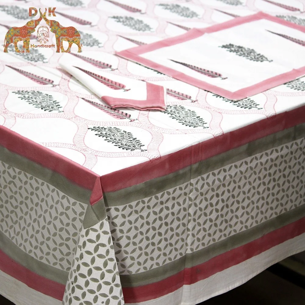 Indian floral cotton canvas hand block print fabric wedding table cloth banquet table cover 6 seater