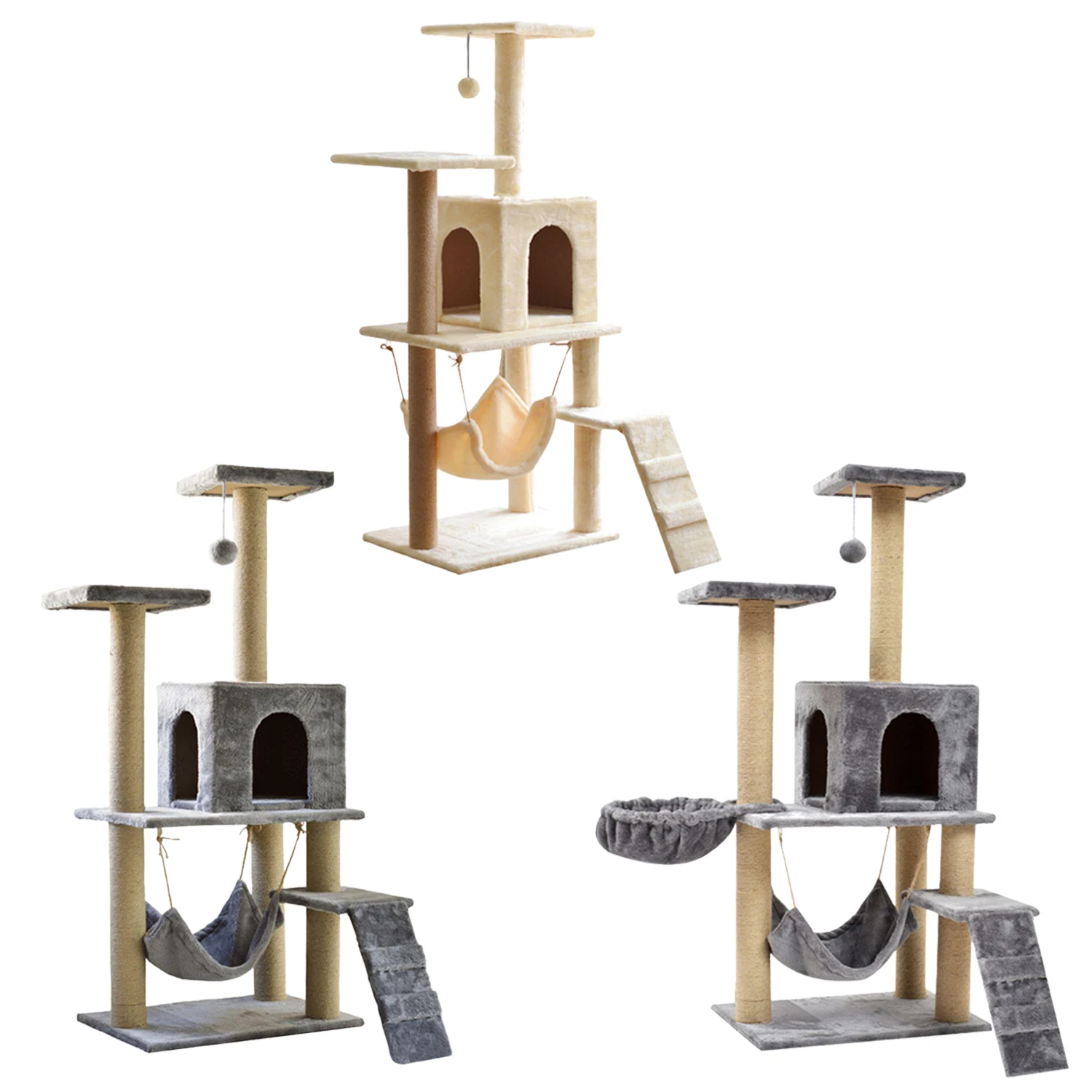 Gray beige color large wood multi level cat furniture scratching sisal post cat tree tower