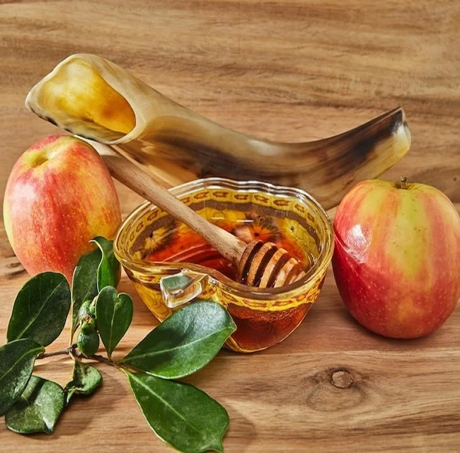 Greeting Shofar Horn with the symbols of the jewish holiday rosh hashanah new year