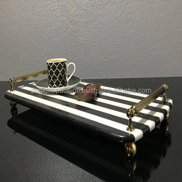 White and Black Strip Marble Serving Tray With Brass Handle at best rate