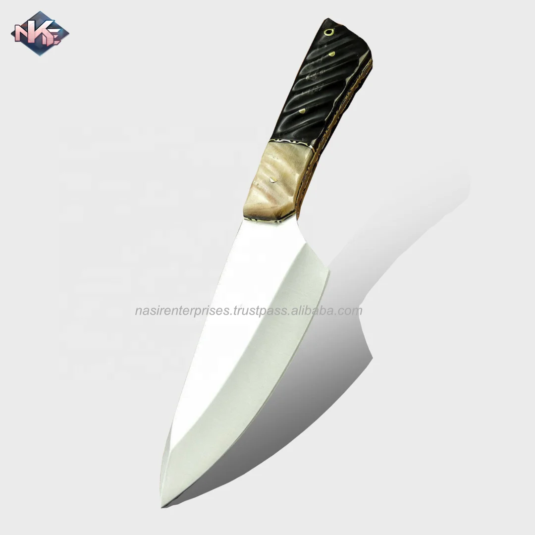 Best Selling Hand Crafted Camping Knife D-2 Steel Hunting Knife with Bull & Ram Horn Handle and Cow Hide Leather Sheath