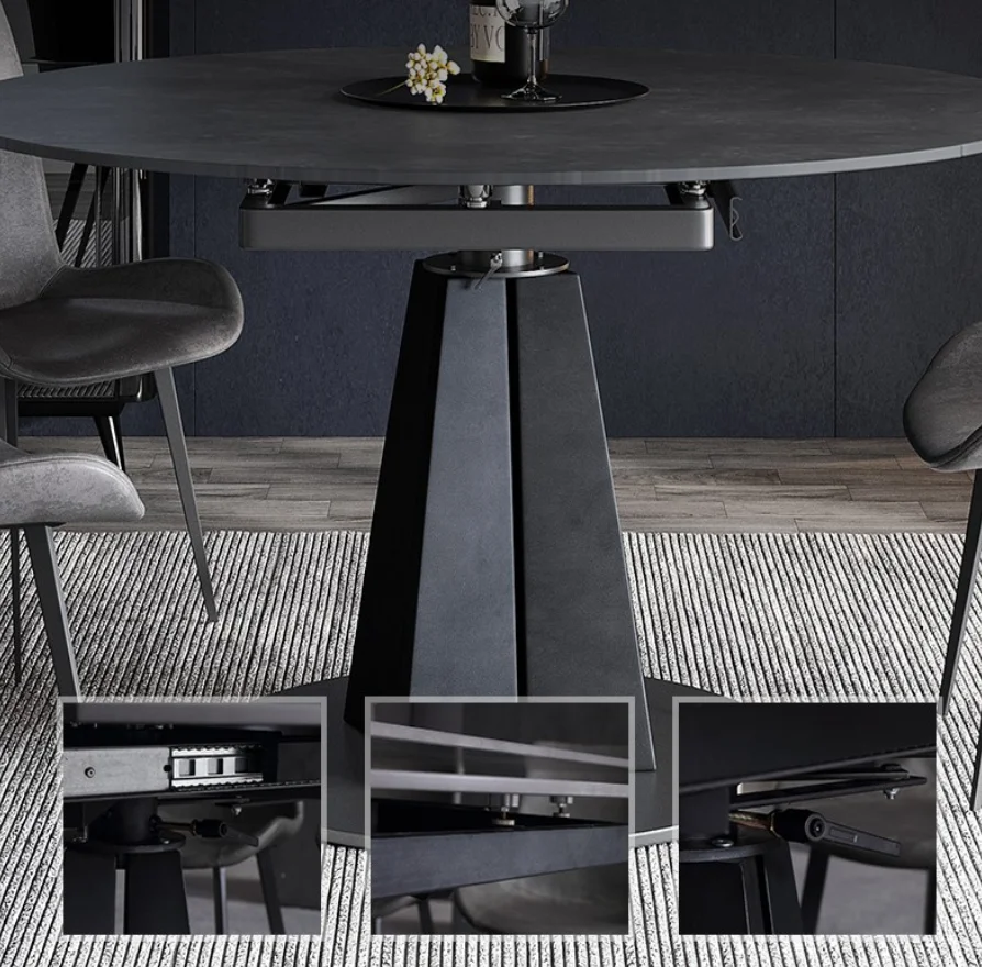 Minimalist Round Marble Sintered Stone Top Steel Metal Legs Base Rectangular Dining Table